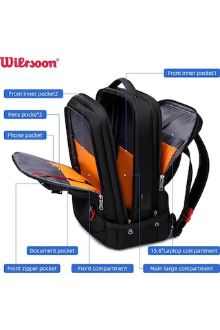 Wiersoon W50306 Genişletilebilir 42l Seyahat Laptop Sırt Çantası Siyah