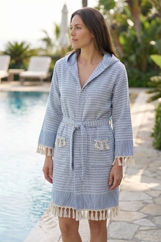 Kapşonlu Unisex Peştemal Plaj Bornozu %100 Pamuklu Seaside Stripe Mavi