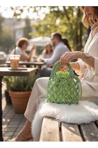 El Yapımı Yeşil Metalik Mini Çanta Saten Astarlı Örgü Kadın El Çantası Yazlık Şık Handmade Bag