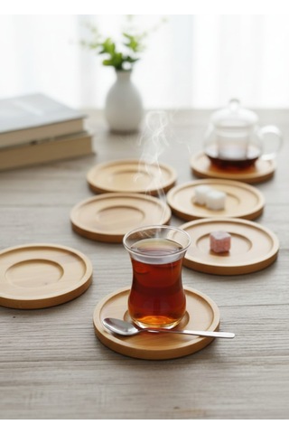 Bambu 6 Lı Çay Tabağı-bambu Ahşap 6'lı Çay Tabağı Ve Sunum Tabağı Açık Kahverengi