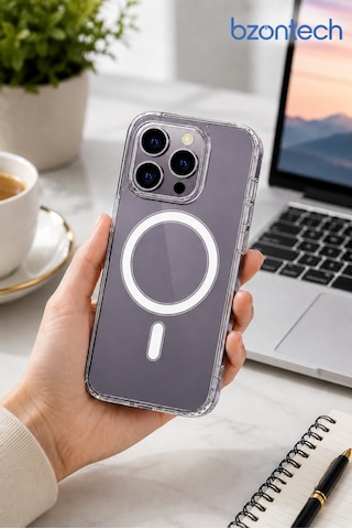 İphone 14 Pro Max Uyumlu Yumuşak Magsafe Kablosuz Şarj Destekli Şeffaf Kılıf Kamera İçin Yükseltilmiş Çerçeve
