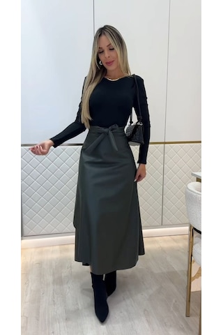Moderie Butik Kadın Belden Kuşaklı Uzun Deri Etek Siyah
