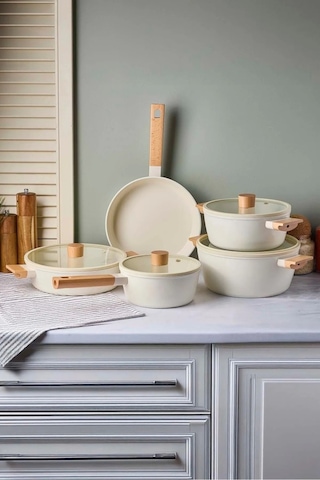Cookwood Beige 9 Parça Tencere Tava Seti Indüksiyon Tabanlı Ahşap Saplı 18081 Bej