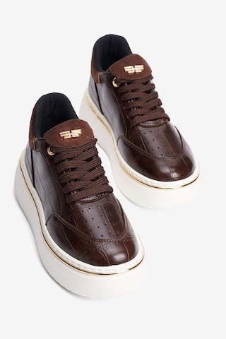 Mubiano Kadın Kroko Sneaker Süet Detaylı Bağcıklı Kalın Taban Roko Kahverengi Kahverengi Krokodil