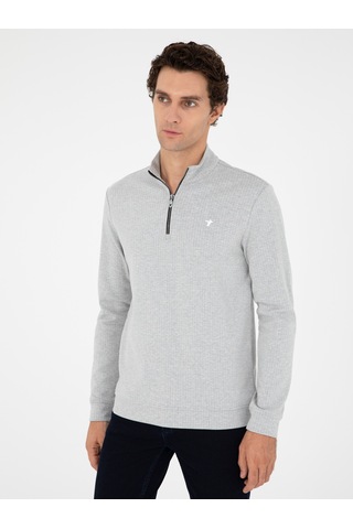 Gri Melanj Regular Fit Pamuk Karışımlı Yarım Fermuarlı Sweatshirt