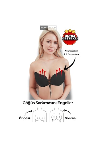 Askısız Yapışkanlı Toparlayıcı Siyah Kelebek Hayalet Silikon Sütyen, Toparlayıcı İpli Dolgunlaştırıcı Siyah