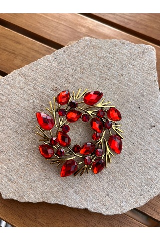 Kırmızı Taşlı Dal Broş Çok Renkli