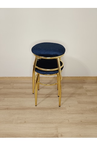 Evko Mobilya Tabure, Bar Taburesi, 2'li Tabure, Gold Ayaklı- Mavi