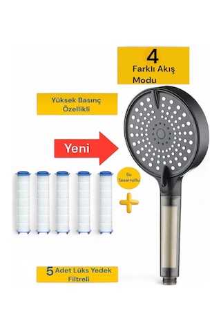 5 Adet Yedek Filtreli Su Tasarruflu Kireç Önleyici Özellikli Yüksek Basınçlı Duş Başlığı Siyah