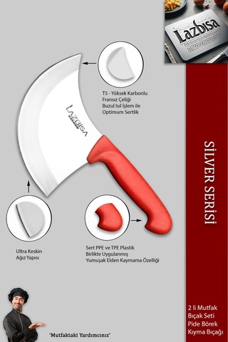 Lazbisa Mft-460 Silver Serisi Pizza Salata Hilal Börek Pide Bıçağı Kıyma Bıçağı 2 Li Set Günlük Kullanım Kırmızı
