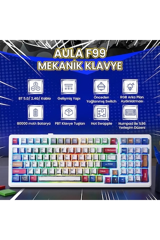 Aula F99 3 Modlu Rgb Hot Swap Mekanik Graywood V3 Switch Kablosuz Makrolu Gaming Klavye Comic