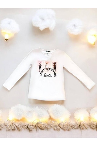 Zekids Kız Çocuk Pamuklu Mevsimlik İnce Uzun Kol Barbie Tshirt-14474 Beyaz