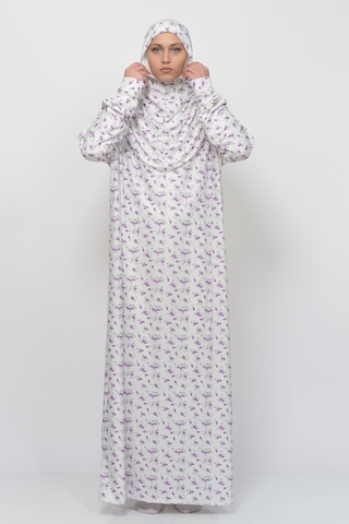 Pratik Tek Parça Çiçek Desenli Kollu Tak Çıkar Başörtülü Likralı Tesettür Namaz Elbisesi 990-0201 Mor Antrasit