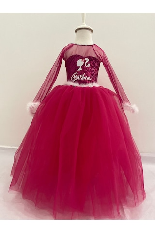 Barbie Uzun Kol Elbise Fuşya - Beyaz