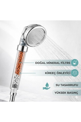 Boncuklu Kireç Önleyici Duş Başlığı Seti Basınç Artırıcı Filtreli Başlık + Duş Hortumu Beyaz