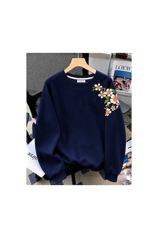 Esade Kadın Beyaz Sarı Çiçek Kol Baskılı Rahat Kalıp Bisiklet Yaka Lacivert Sweatshirt Lacivert