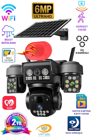 Wifi 3 Kameralı Kablosuz Solar Panelli Gece Görüşlü Güvenlik Kamerası