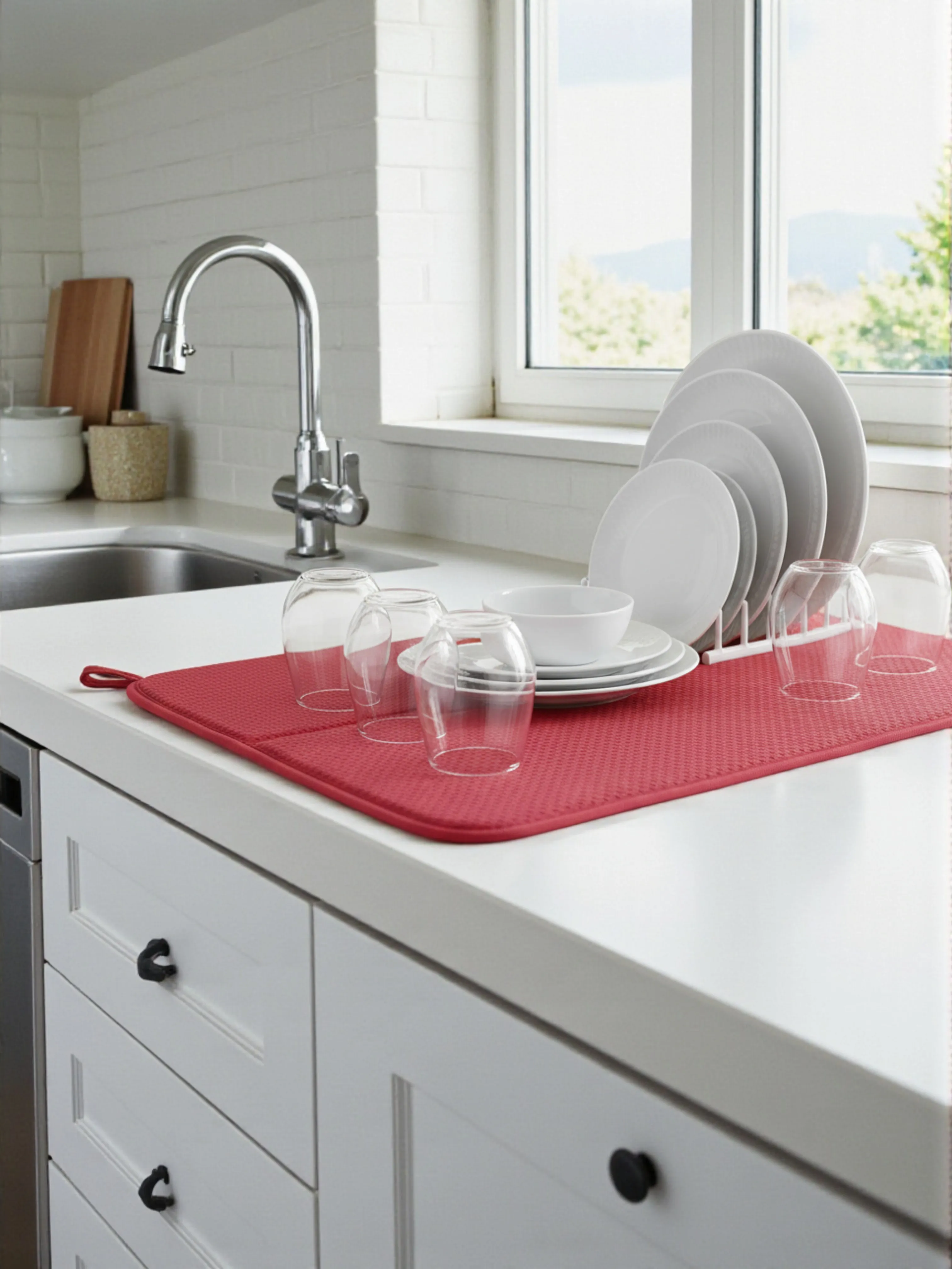 Aquair Bulaşık Kurutma Matı 35x45 Cm Tezgah Üstü Su Emici Kırmızı