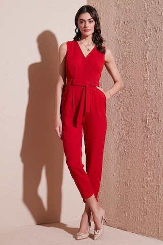 Lela Slim Fit Düz Paça Kruvaze Yaka Kemerli Bayan Tulum 6783626 Kırmızı