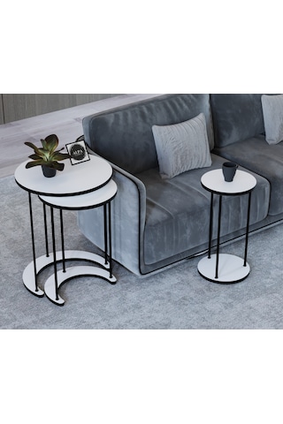 Alpa Ev Mobilya Ay 3 Lü Yuvarlak Zigon Sehpa Seti, Modern Metal Ayaklı C Model Şık Yan Sehpa Beyaz