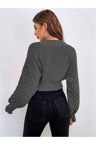 Aqe Fashion V Yaka Örgü Desenli Triko Crop Antrasit Hırka Antrasit