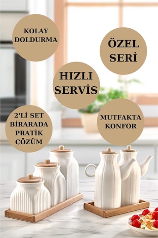 7 Parça Standlı Vakumlu Yağdanlık Ve 3'lü Çay Şeker Kahve Baharat Seti Ve Türk Kahve Kavanoz Seti Beyaz