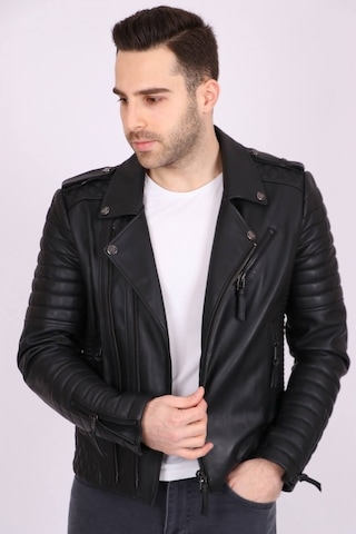 Erkek Siyah Hakiki Deri Yakalı Baklava Desenli Apoletli Spor Mont