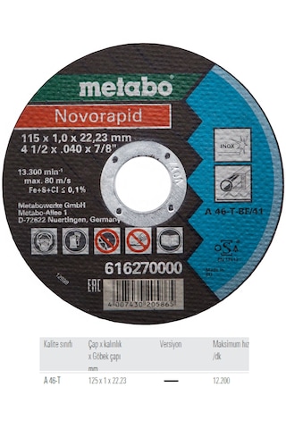 Metabo 616271000 Novorapid 115x1,0x22,23 İnox Kesme Diski 25 Adet