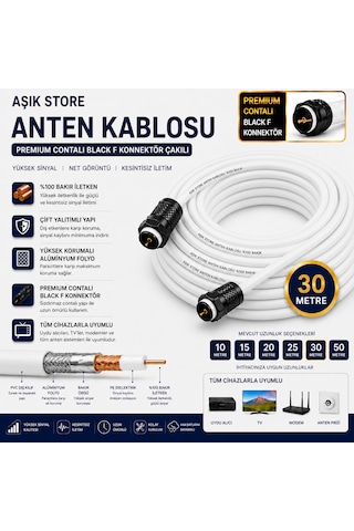 30 Metre Premium Anten Kablosu %100 Bakır İç İletken Contalı Black F Konnektör Çakılı Koaksiyel Tv Uydu Kablosu