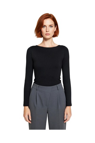 Frm Kadın Moda Şık Üst Giyim Crop Kayık Yaka Slim Kalıp Örme Pamuklu siyah