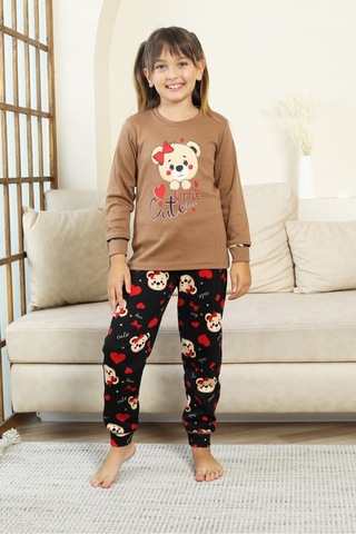 Kız Çocuk Ayıcık Baskılı %100 Pamuk İnterlok Kumaş Pijama Takımı 12347 Kahverengi
