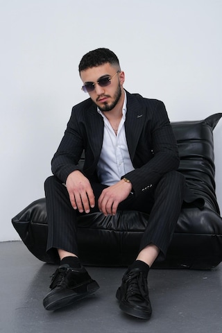 Dupont Classics Dupont Slim Fit Sivri Yaka 6 Drop Çift Yırtmaç Çizgili Viskon Kruvaze Erkek Takım Elbise Koyu Lacivert