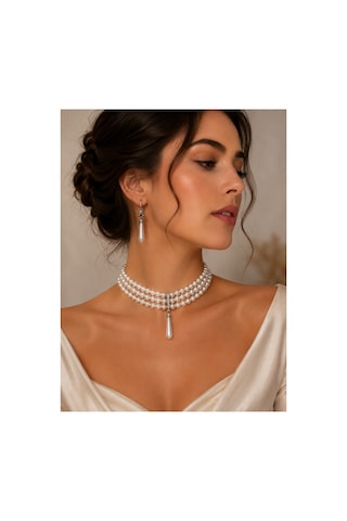Kristal Taşlı Üç Sıra İnci Tasma Kolye Ve İnci Küpe Seti Beyaz 71258148