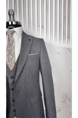Dupont Classics Dupont Erkek Slim Fit Yelekli Takım Elbise 6 Drop Çift Yırtmaç Gri