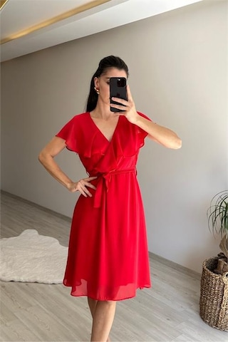 Neşeli Butik Kadın V Yaka Kuşaklı Mini Şifon Elbise Nm007 Kırmızı