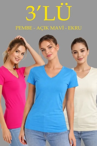 Etiler Collection 3lü V Yaka Tişört Kısa Kollu Yazlık Slim Fit Body - Pembe, Açık Mavi, Ekru Çok Renkli