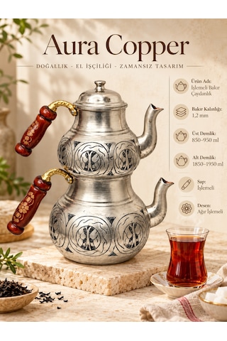Aura Copper Ağır El İşlemeli Kalın Bakır Çaydanlık Takımı 1,2 Mm 27 Cm Gümüş Mat/ac-cy-030