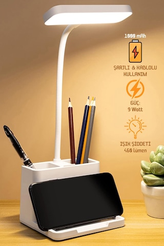 Şarjlı Masa Lambası Dokunmatik Sıcak Renk Ayarlı Telefon Standlı Dimmer Çalışma Okuma Işığı Q108 Beyaz
