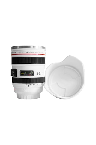 Moveevo Kamera Lens Tasarımlı Paslanmaz Çelik Termos Bardak, 400ml, Damlacık Önleyici, Fotoğraf Severler İçin, Beyaz Beyaz