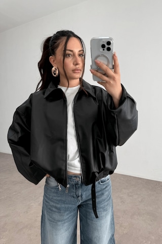 Pop Story Kadın Oversize Bomber Premium Deri Ceket Kemerli Siyah Siyah