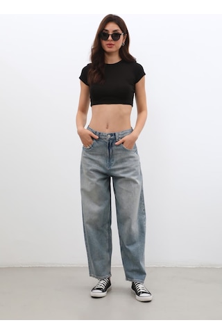 Kadın Yüksek Bel Skater Fit Jean Pantolon Tint Mavi