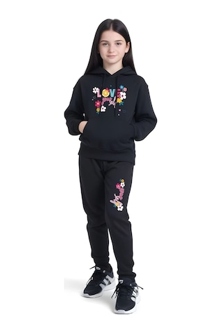 Fyk Kids 3'lü Kız Çocuk Kanguru Cepli Baskı Detaylı Eşofman Takımı Çok Renkli