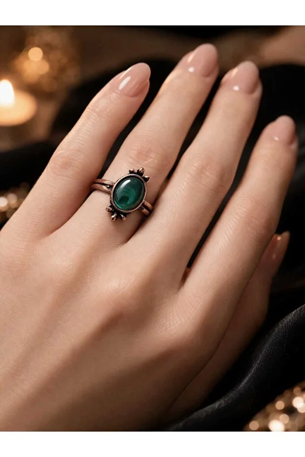 Banum Luxury Zarif Doğal Yeşil Akik Green Agate Taşlı El İşi Bakır Yüzük