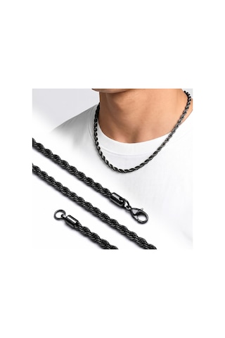 Premium Parlak Ve Şık Rope Halat Erkek 316l Çelik Kolye 6mm 55cm 3183eck024 - Siyah Renk