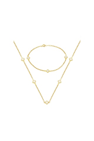 Bilezikci Beyaz Yoncalı Kolye Bileklik 14 Ayar Set