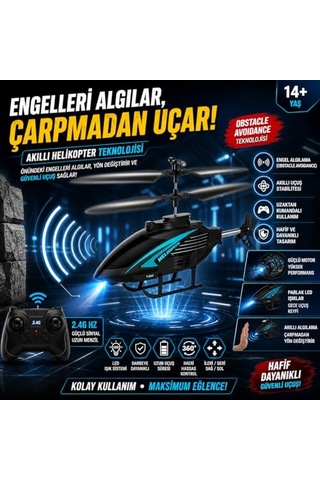 Akıllı Uzaktan Kumandalı Helikopter - 2.4ghz Engel Tanıma Özellikli, 2 Kanallı Stabil Uçuş Sağlayan Şarjlı Drone 14+ Yaş