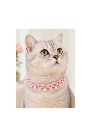 El Örgüsü Kedi Tasması Pembe İnci Boncuklu El Yapımı Ayarlanabilir Kedi Boyun Aksesuarı