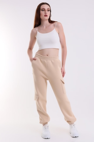 Winmoda34 Kadın Üç İplik İçi Şardonlu Polarlı Eşofman Altı Jogger Rahat Kalıp Krem