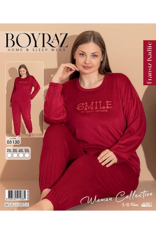 Boyraz Kadın Kışlık Fransız Kadife Büyük Beden Bisiklet Yaka Uzun Kol Pijama Takımı 03130 - 1 Adet Kırmızı