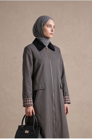 Armine Trend Fermuarlı Kontrast Yaka Cep Detaylı Uzun Kap 111 Cm Boy Duman 26kt511